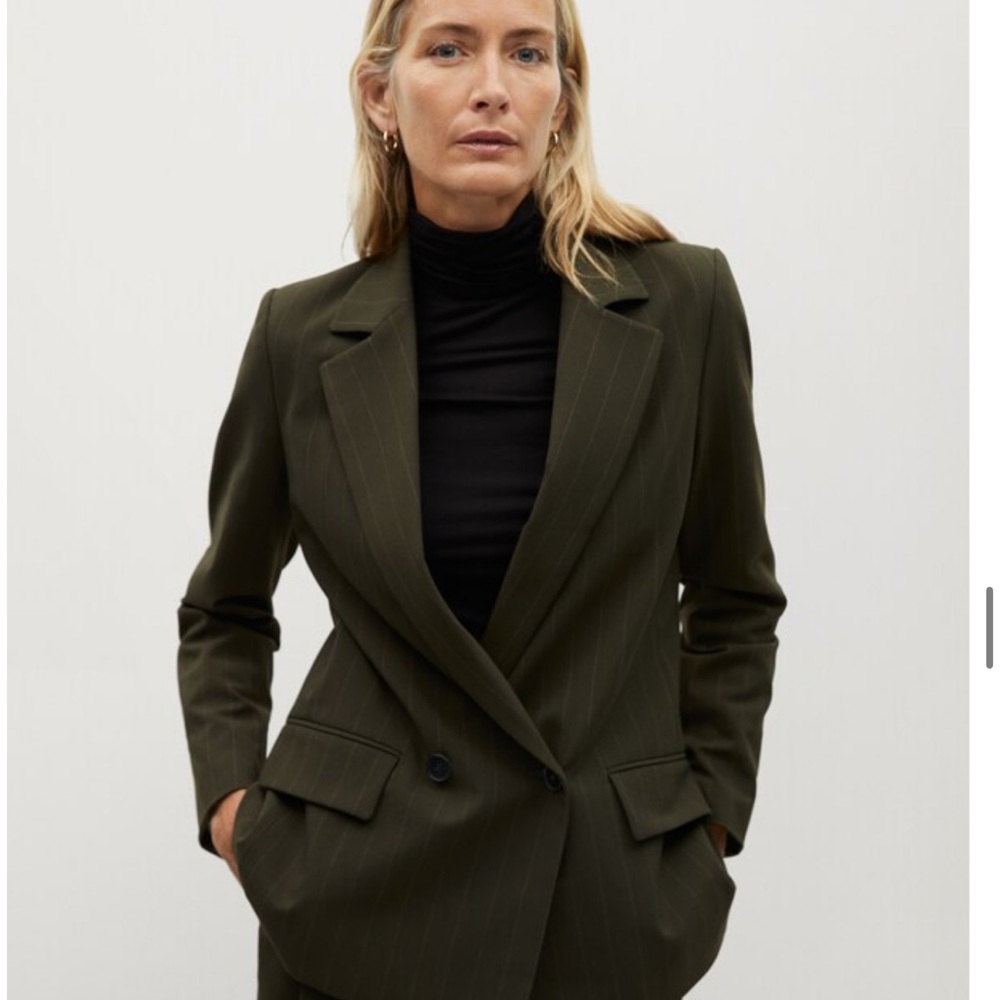 MANGO Olive Green Pinstripe Suit Blazer